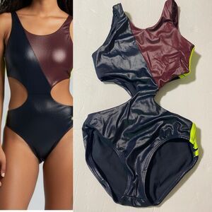 Custom color block metallic black burgundy cut out Leotard Dance costume LC